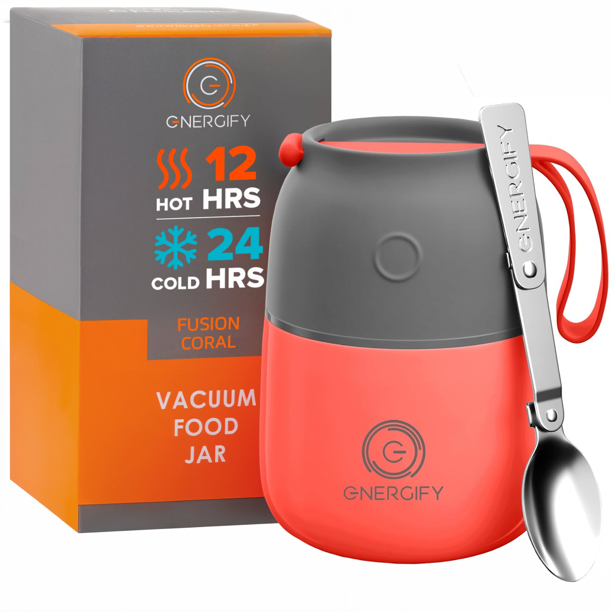 12 oz fusion coral Energify Vacuum Insulated Food Jar with a gray lid, accompanied by a gray carrying pouch and a stainless steel spoon.