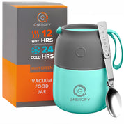 12 oz mint green Energify Vacuum Insulated Food Jar with a gray lid, accompanied by a gray carrying pouch and a stainless steel spoon.