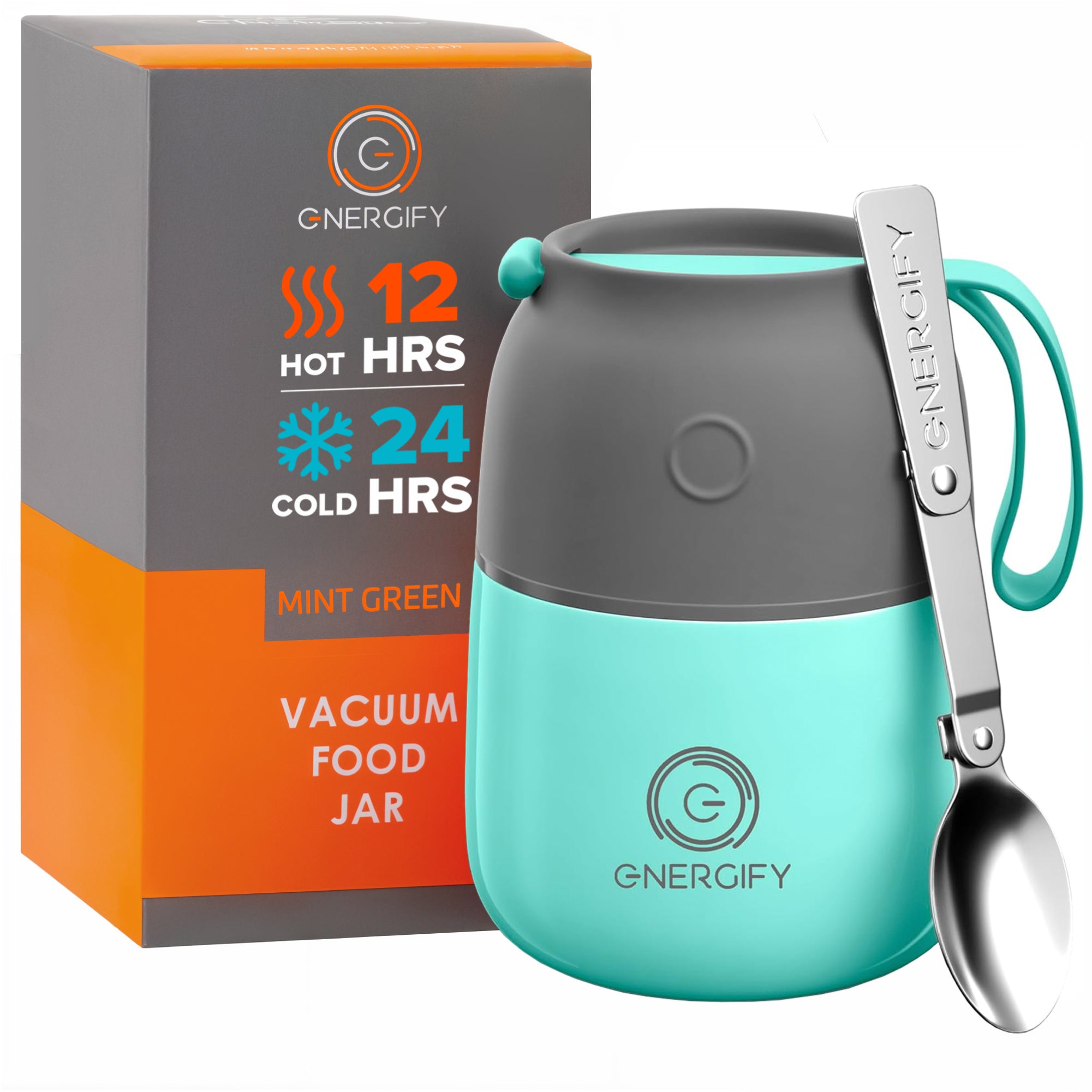 12 oz mint green Energify Vacuum Insulated Food Jar with a gray lid, accompanied by a gray carrying pouch and a stainless steel spoon.