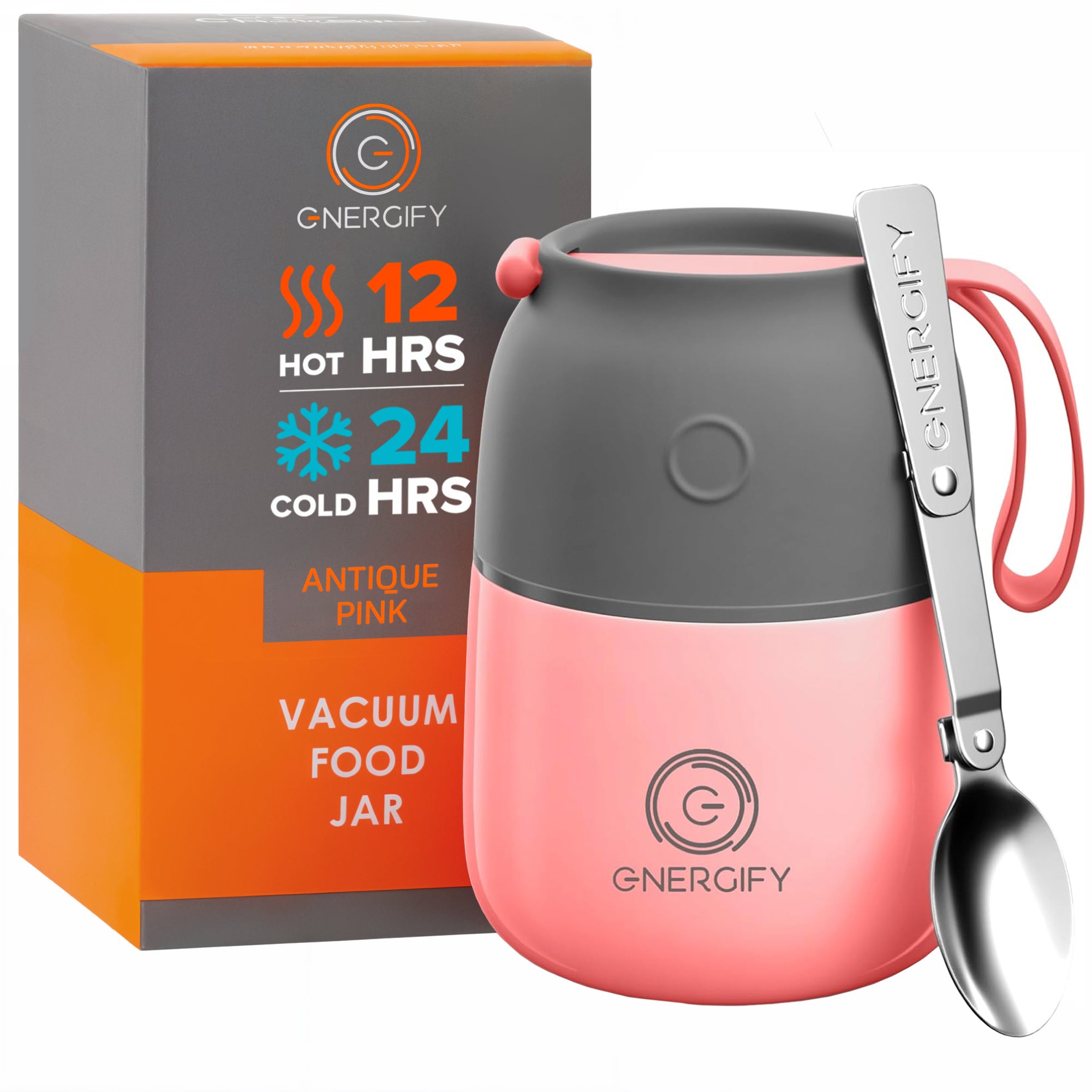 12 oz pink Energify vacuum insulated food jar with a gray lid and pink handle. The jar is accompanied by a gray pouch and a stainless steel spoon.