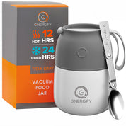 12 oz titan gray Energify Vacuum Insulated Food Jar with a gray lid, accompanied by a gray carrying pouch and a stainless steel spoon.