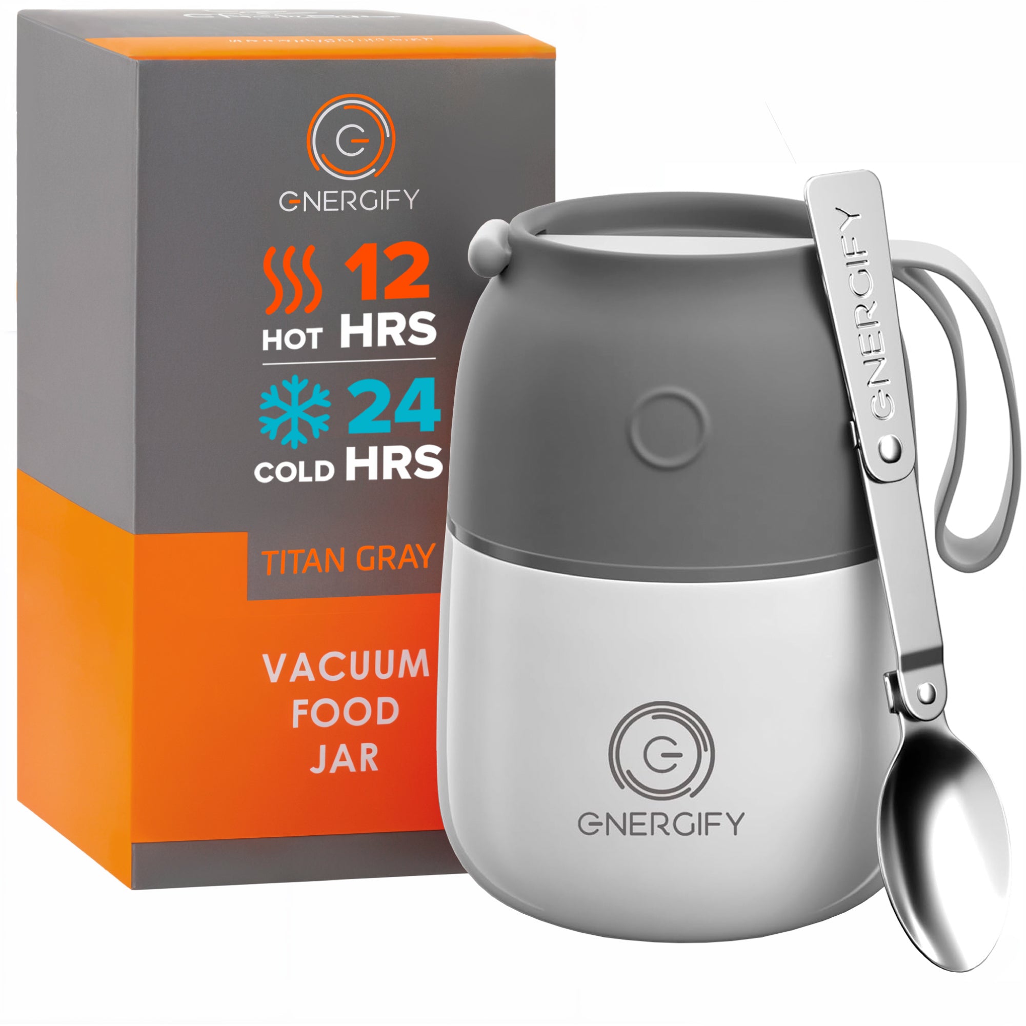 12 oz titan gray Energify Vacuum Insulated Food Jar with a gray lid, accompanied by a gray carrying pouch and a stainless steel spoon.
