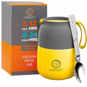 12 oz starfruit yellow Energify Vacuum Insulated Food Jar with a gray lid, accompanied by a gray carrying pouch and a stainless steel spoon.