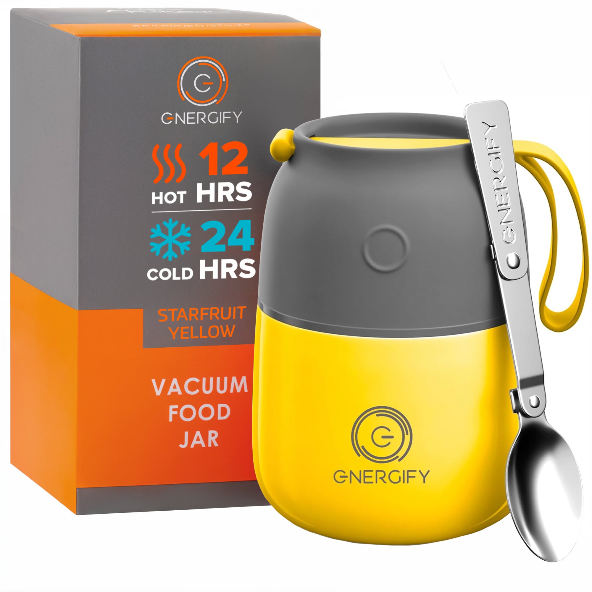 12 oz starfruit yellow Energify Vacuum Insulated Food Jar with a gray lid, accompanied by a gray carrying pouch and a stainless steel spoon.
