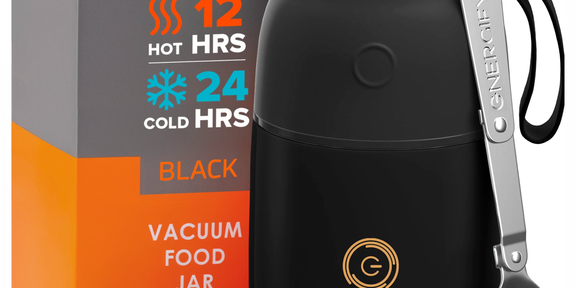 17 oz black Energify Vacuum Insulated Food Jar with a black lid, accompanied by a box in which it comes to a customer and a stainless steel spoon.