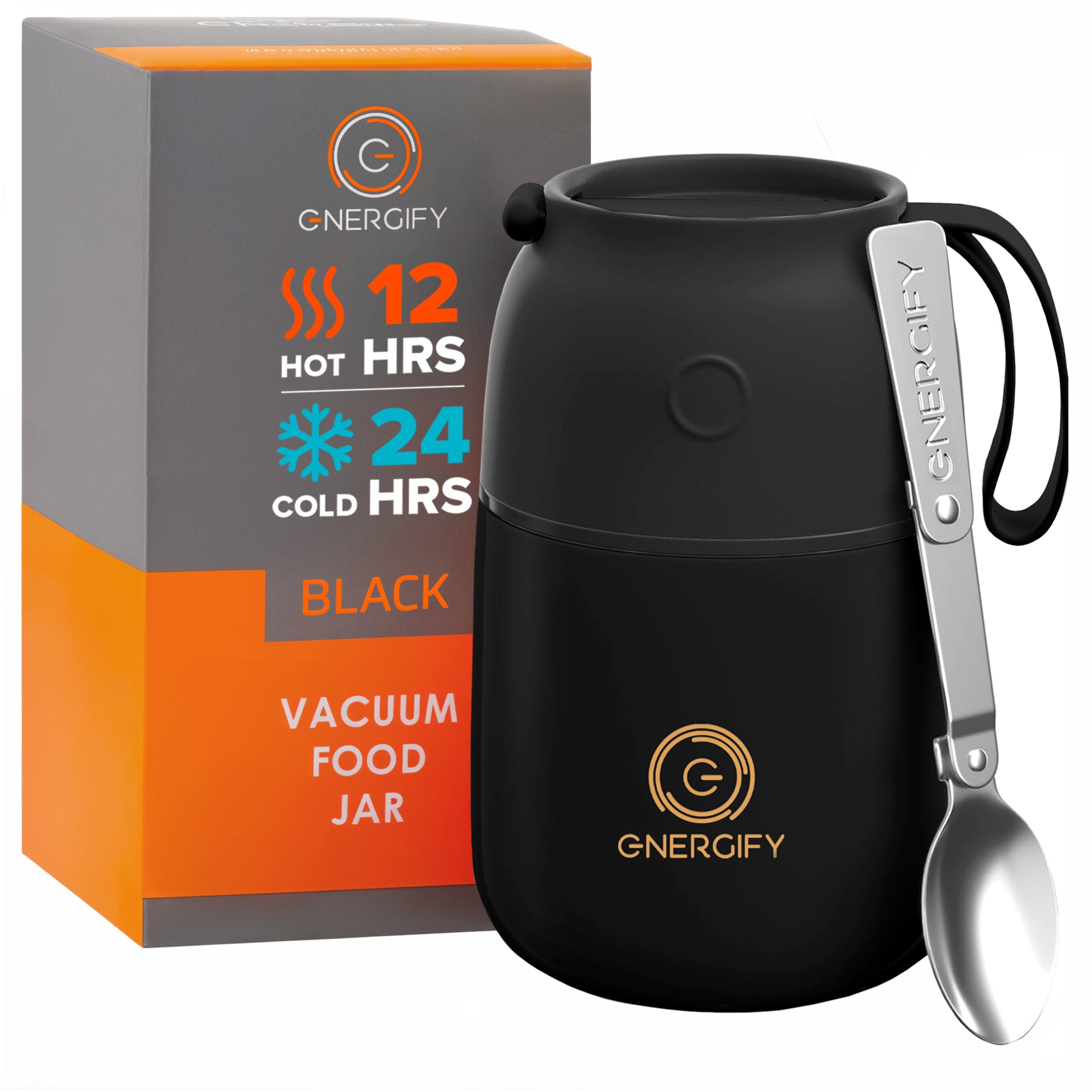 17 oz black Energify Vacuum Insulated Food Jar with a black lid, accompanied by a box in which it comes to a customer and a stainless steel spoon.