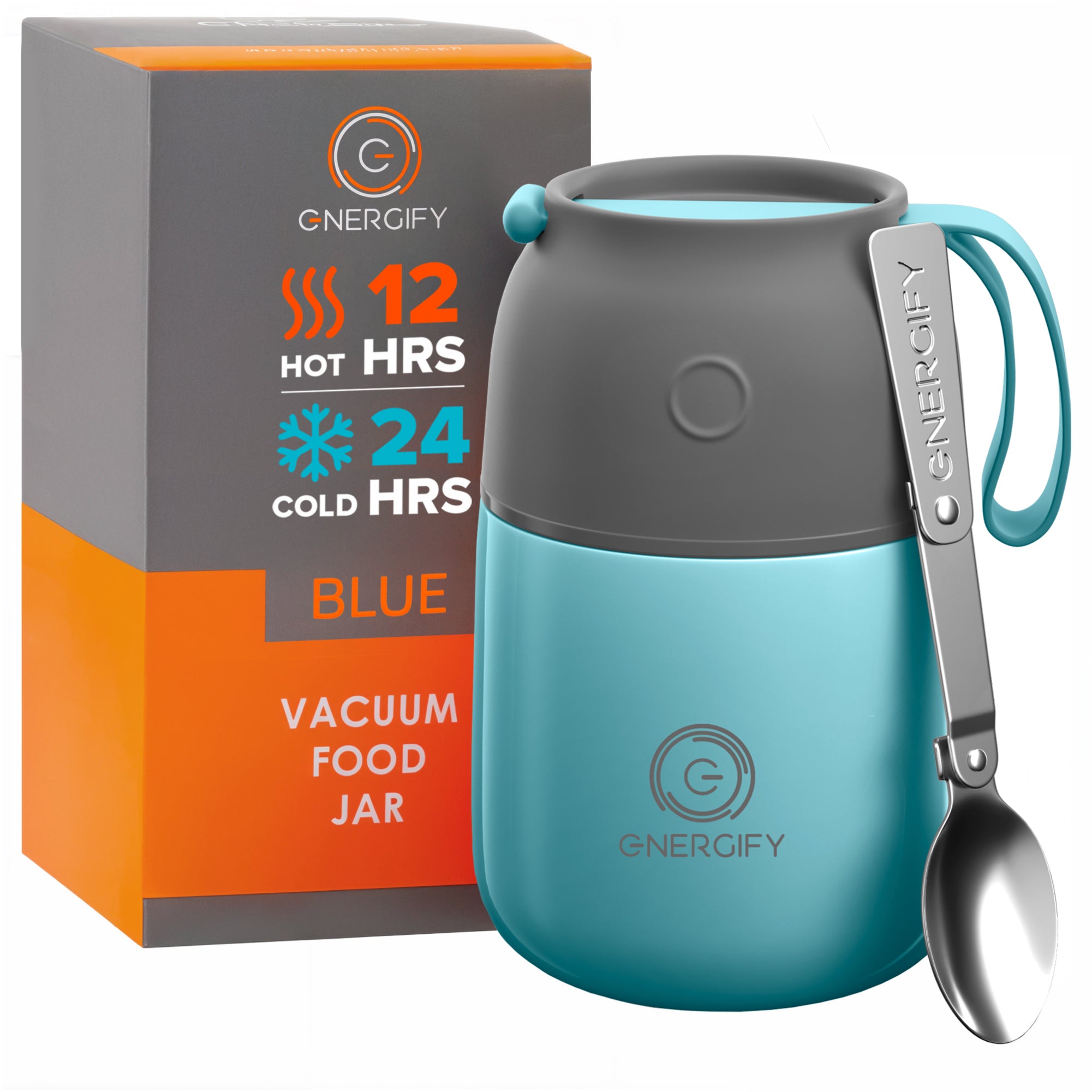 17 oz blue Energify Vacuum Insulated Food Jar with a gray lid, accompanied by a box in which it comes to a customer and a stainless steel spoon.