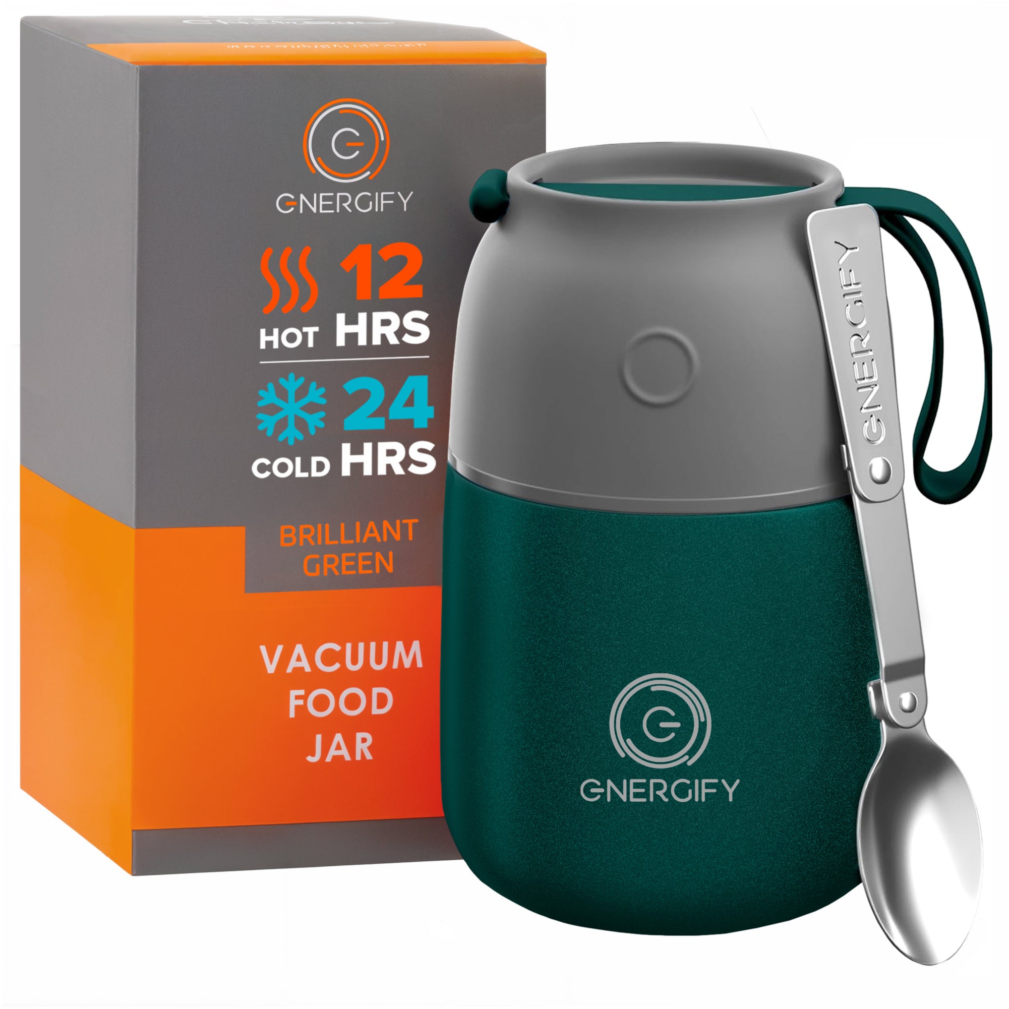 17 oz brilliant green Energify Vacuum Insulated Food Jar with a gray lid, accompanied by a box in which it comes to a customer and a stainless steel spoon.