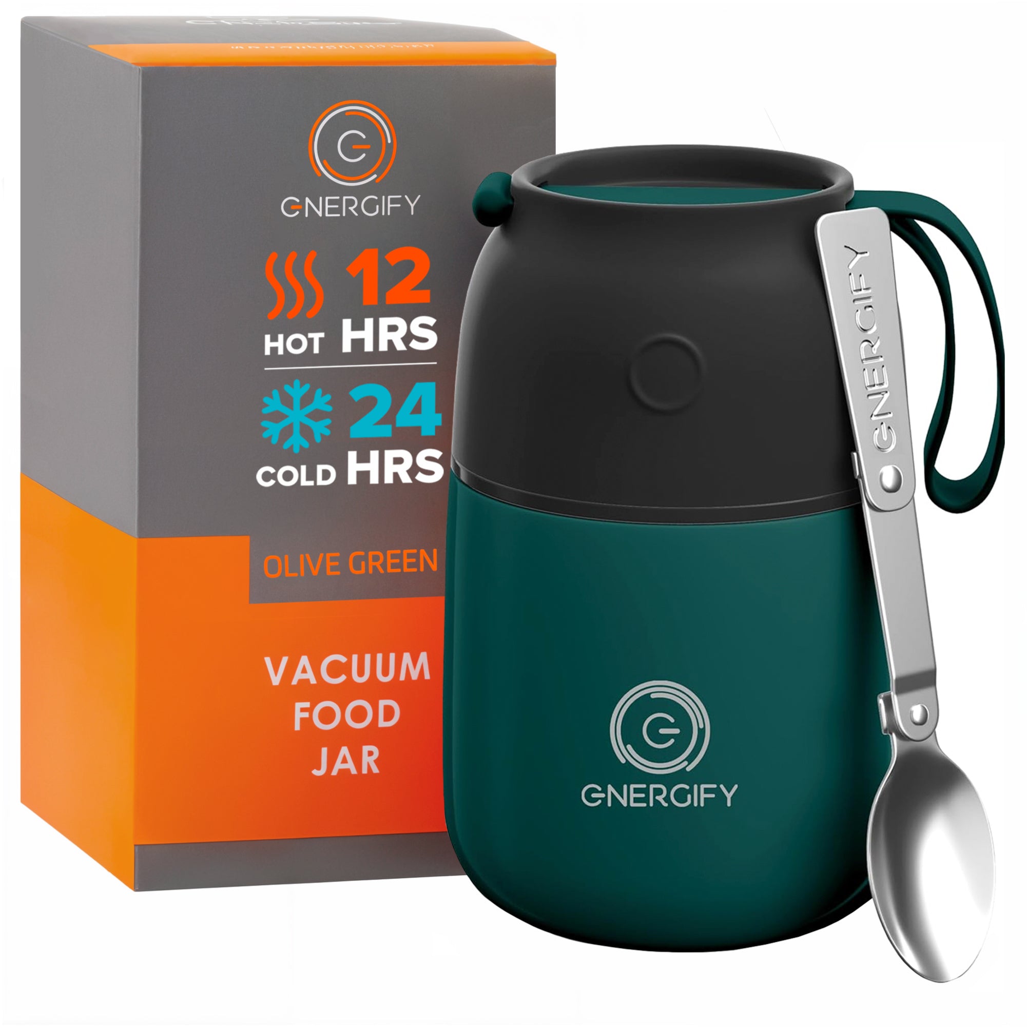 17 oz olive green Energify Vacuum Insulated Food Jar with a black lid, accompanied by a box in which it comes to a customer and a stainless steel spoon.