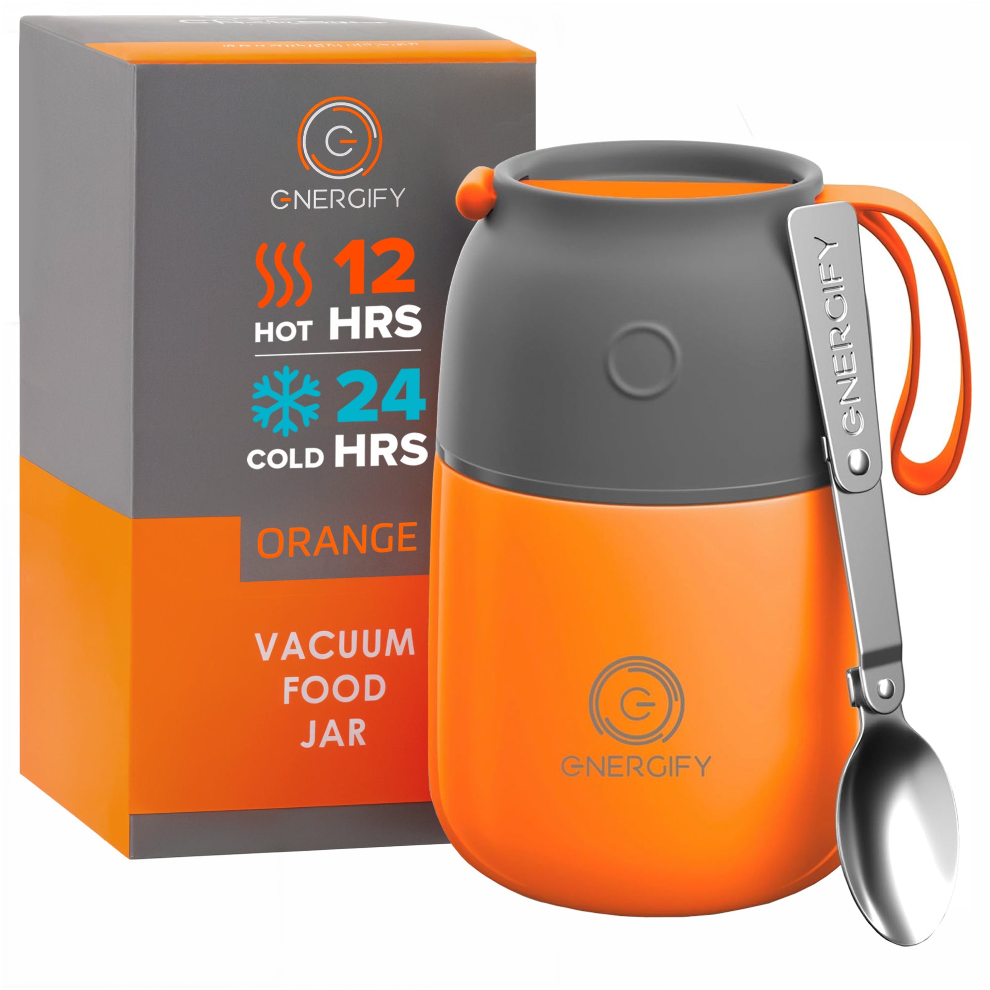 17 oz orange Energify Vacuum Insulated Food Jar with a gray lid, accompanied by a box in which it comes to a customer and a stainless steel spoon.