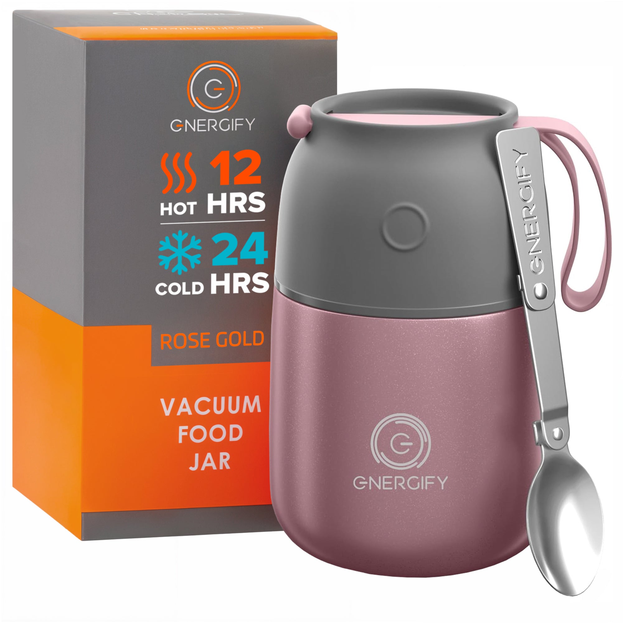 17 oz rose gold Energify Vacuum Insulated Food Jar with a gray lid, accompanied by a box in which it comes to a customer and a stainless steel spoon.