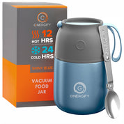 17 oz shiny blue Energify Vacuum Insulated Food Jar with a gray lid, accompanied by a box in which it comes to a customer and a stainless steel spoon.