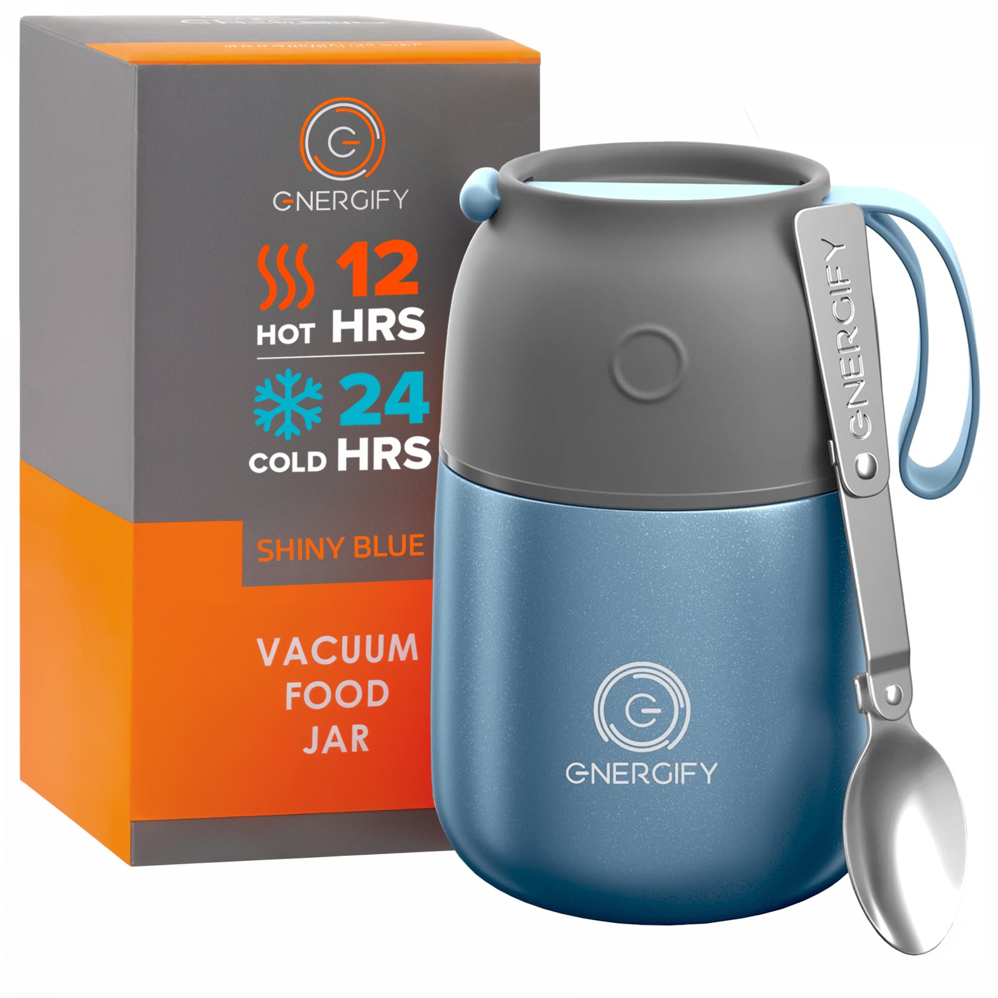17 oz shiny blue Energify Vacuum Insulated Food Jar with a gray lid, accompanied by a box in which it comes to a customer and a stainless steel spoon.