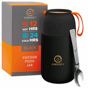 24 oz black Energify Vacuum Insulated Food Jar with a black lid, accompanied by a box in which it comes to a customer and a stainless steel spoon.