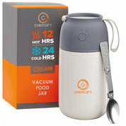 24 oz cream Energify Vacuum Insulated Food Jar with a gray lid, accompanied by a box in which it comes to a customer and a stainless steel spoon.