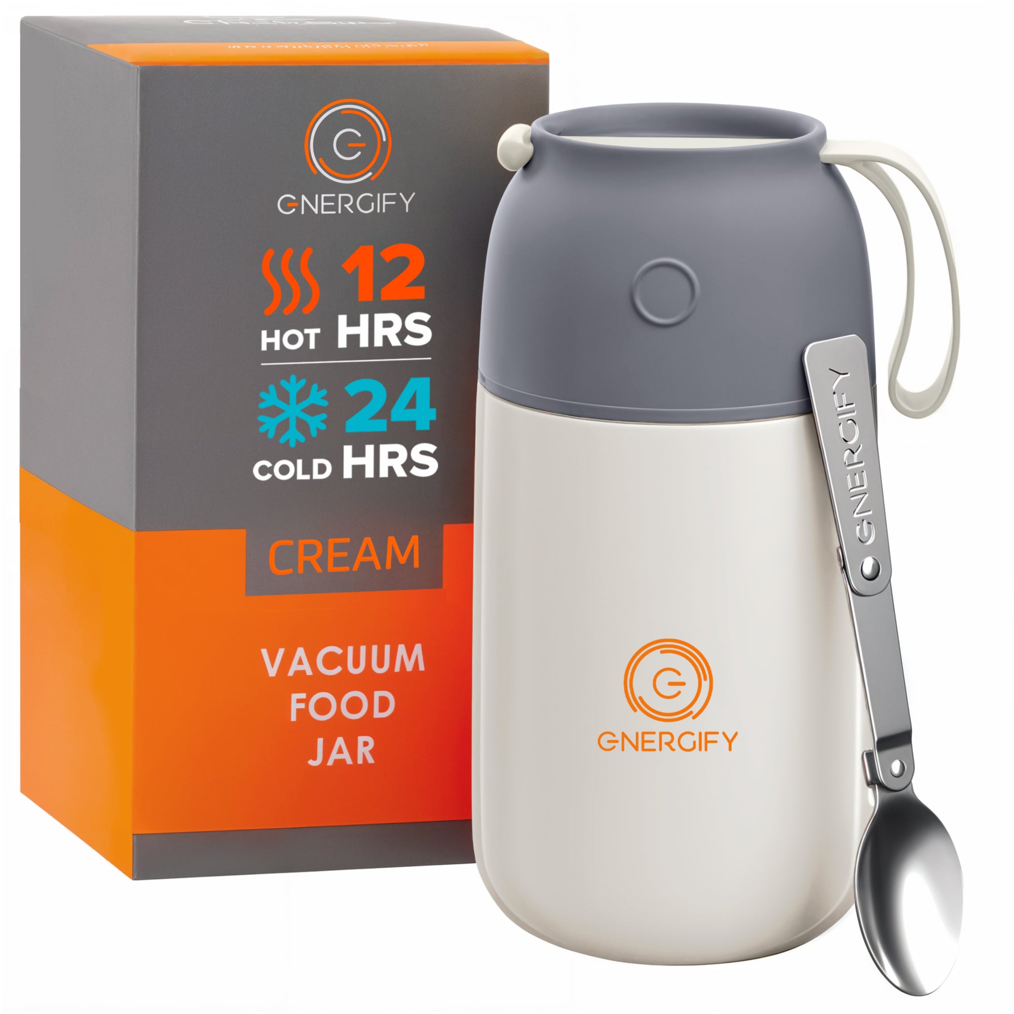 24 oz cream Energify Vacuum Insulated Food Jar with a gray lid, accompanied by a box in which it comes to a customer and a stainless steel spoon.