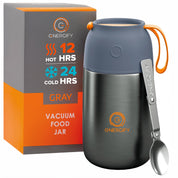 24 oz gray Energify Vacuum Insulated Food Jar with a gray lid, accompanied by a box in which it comes to a customer and a stainless steel spoon.
