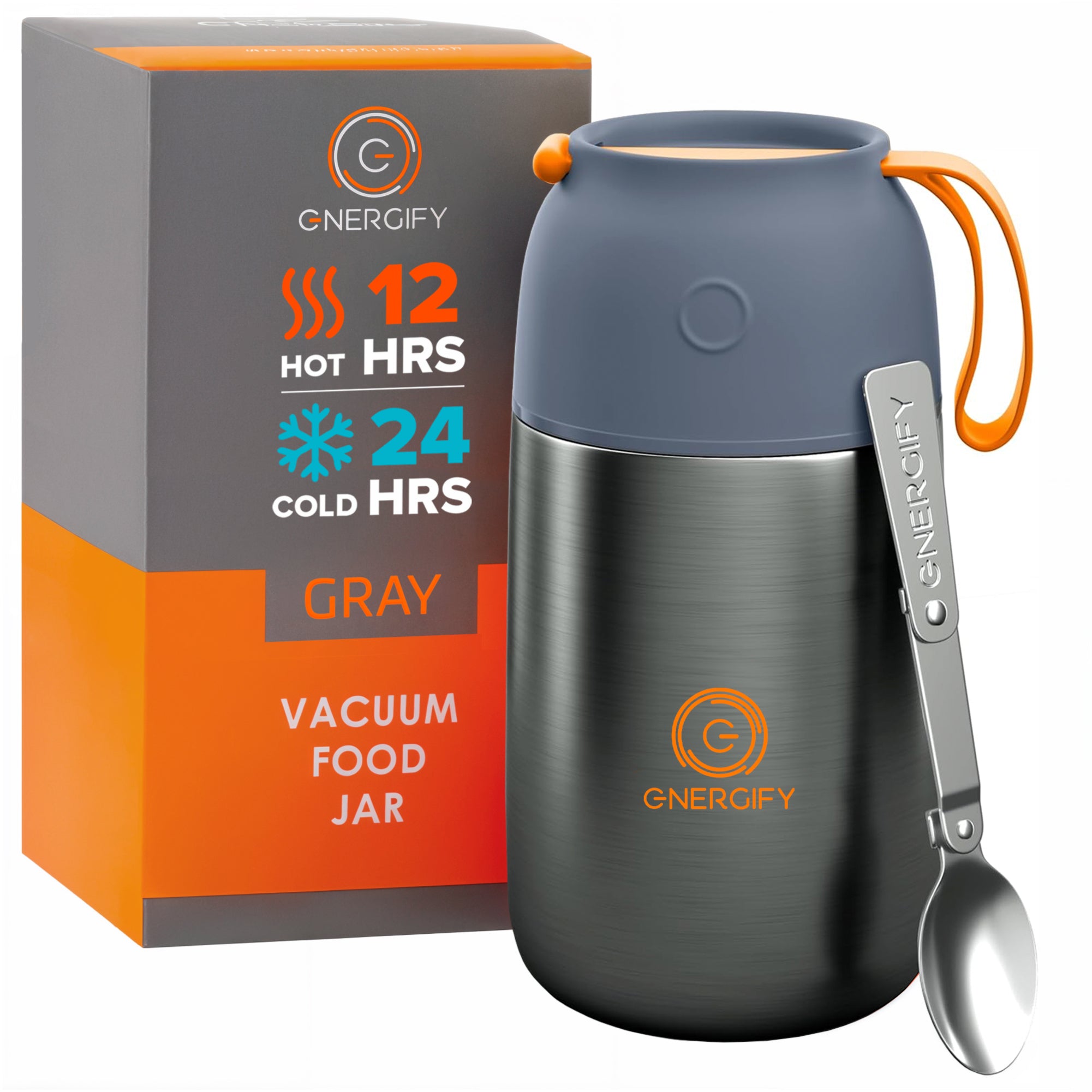 24 oz gray Energify Vacuum Insulated Food Jar with a gray lid, accompanied by a box in which it comes to a customer and a stainless steel spoon.