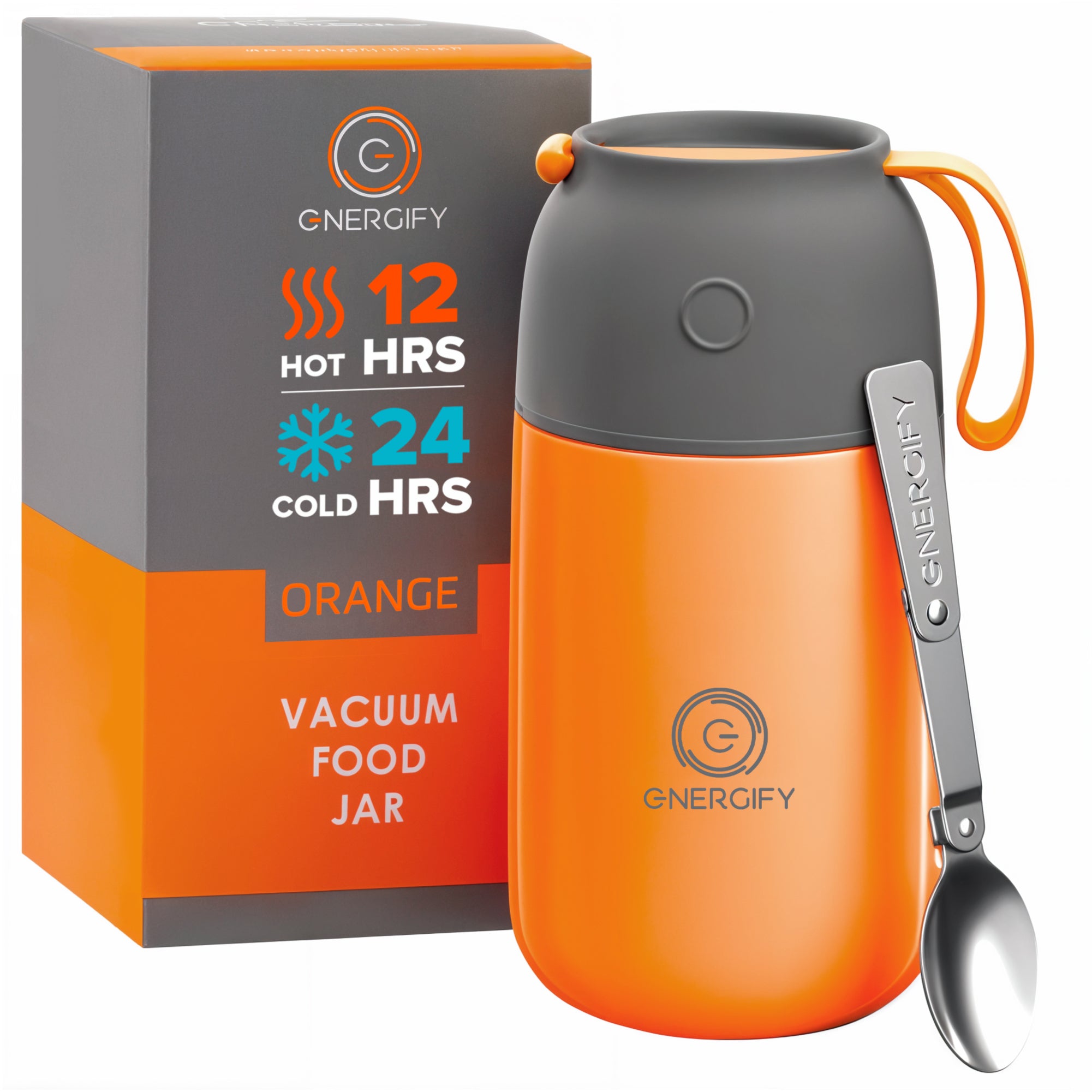 24 oz orange Energify Vacuum Insulated Food Jar with a gray lid, accompanied by a box in which it comes to a customer and a stainless steel spoon.