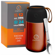 24 oz red mahogany Energify Vacuum Insulated Food Jar with a black lid, accompanied by a box in which it comes to a customer and a stainless steel spoon.