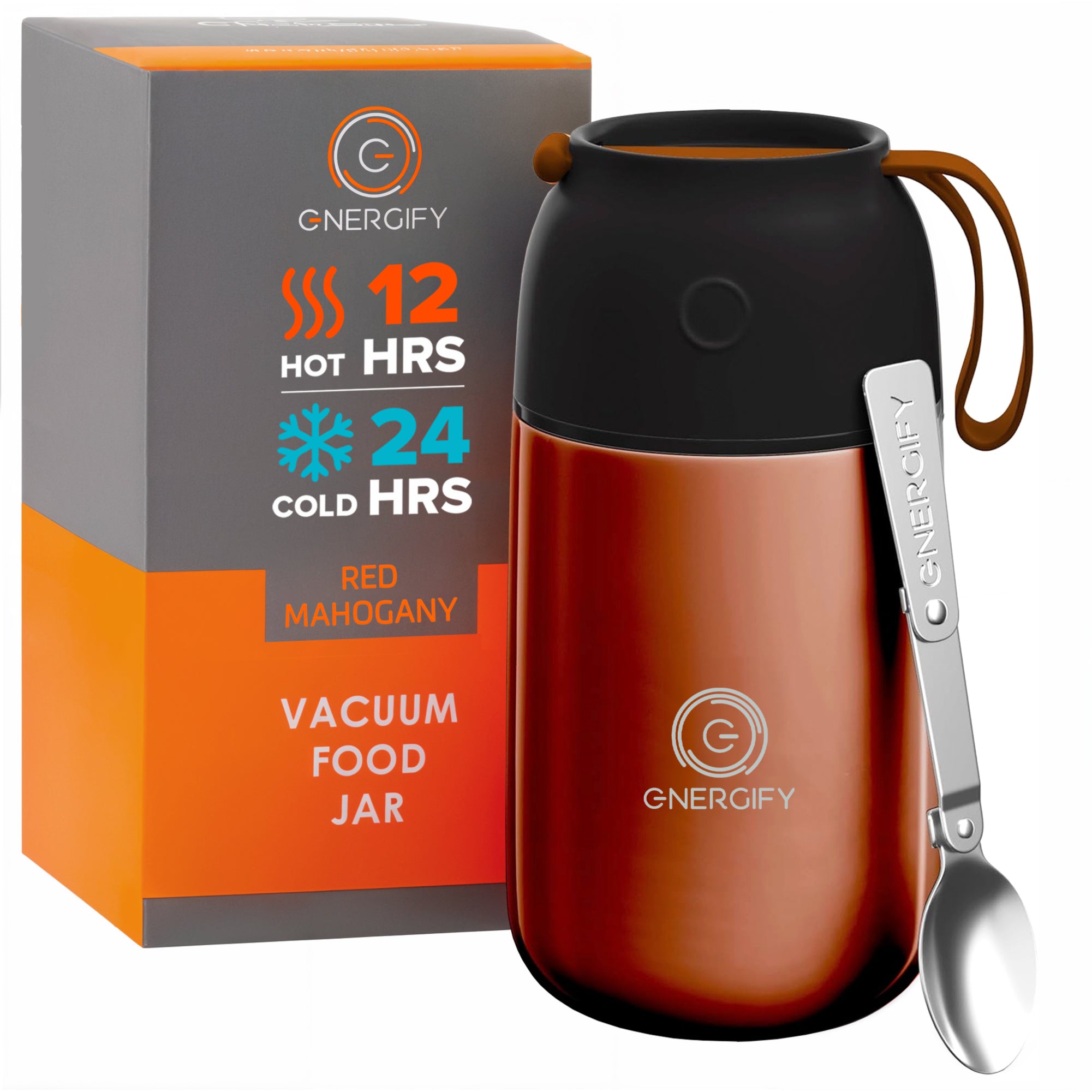 24 oz red mahogany Energify Vacuum Insulated Food Jar with a black lid, accompanied by a box in which it comes to a customer and a stainless steel spoon.