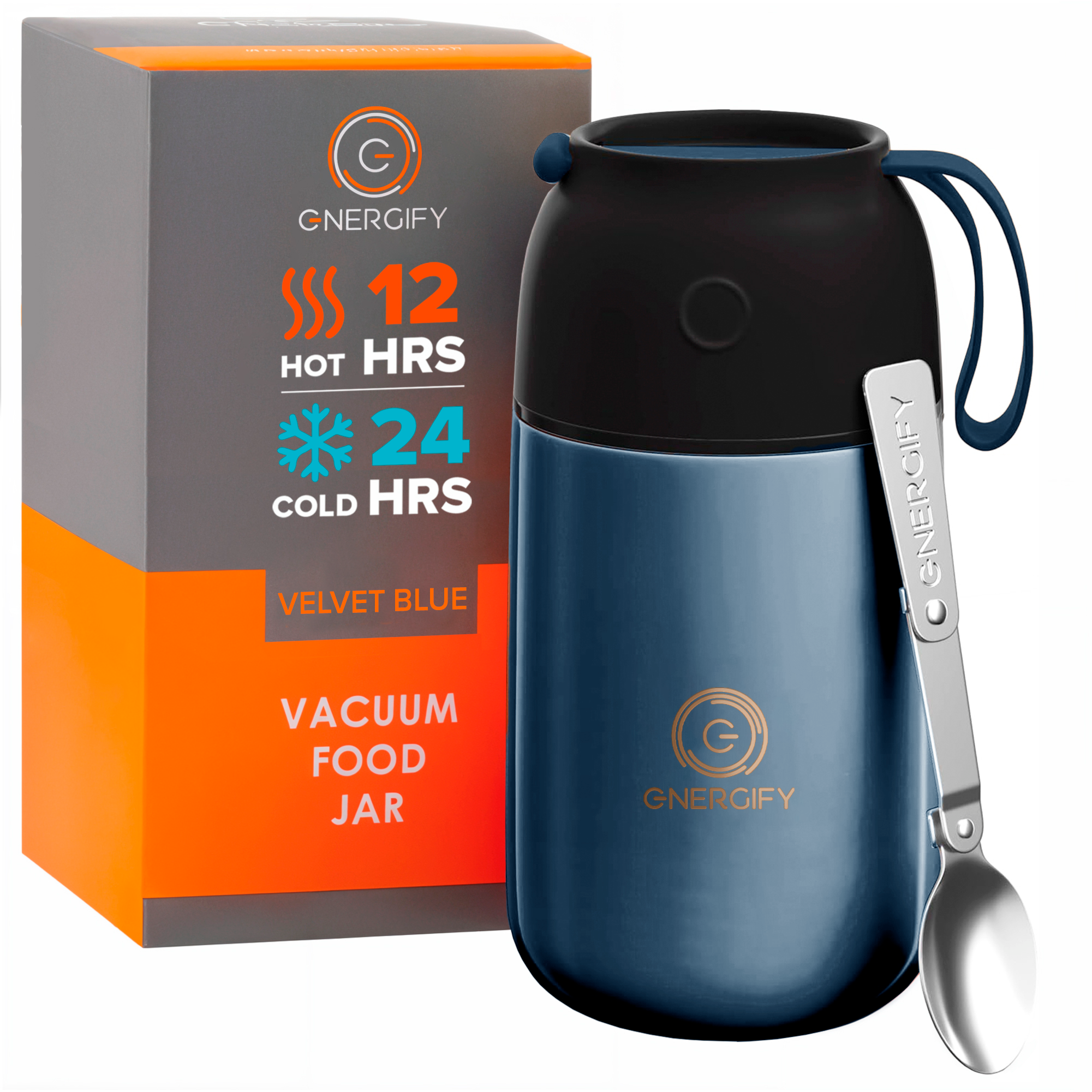 Blue vacuum food jar with black lid, spoon, and Energify packaging on a white background