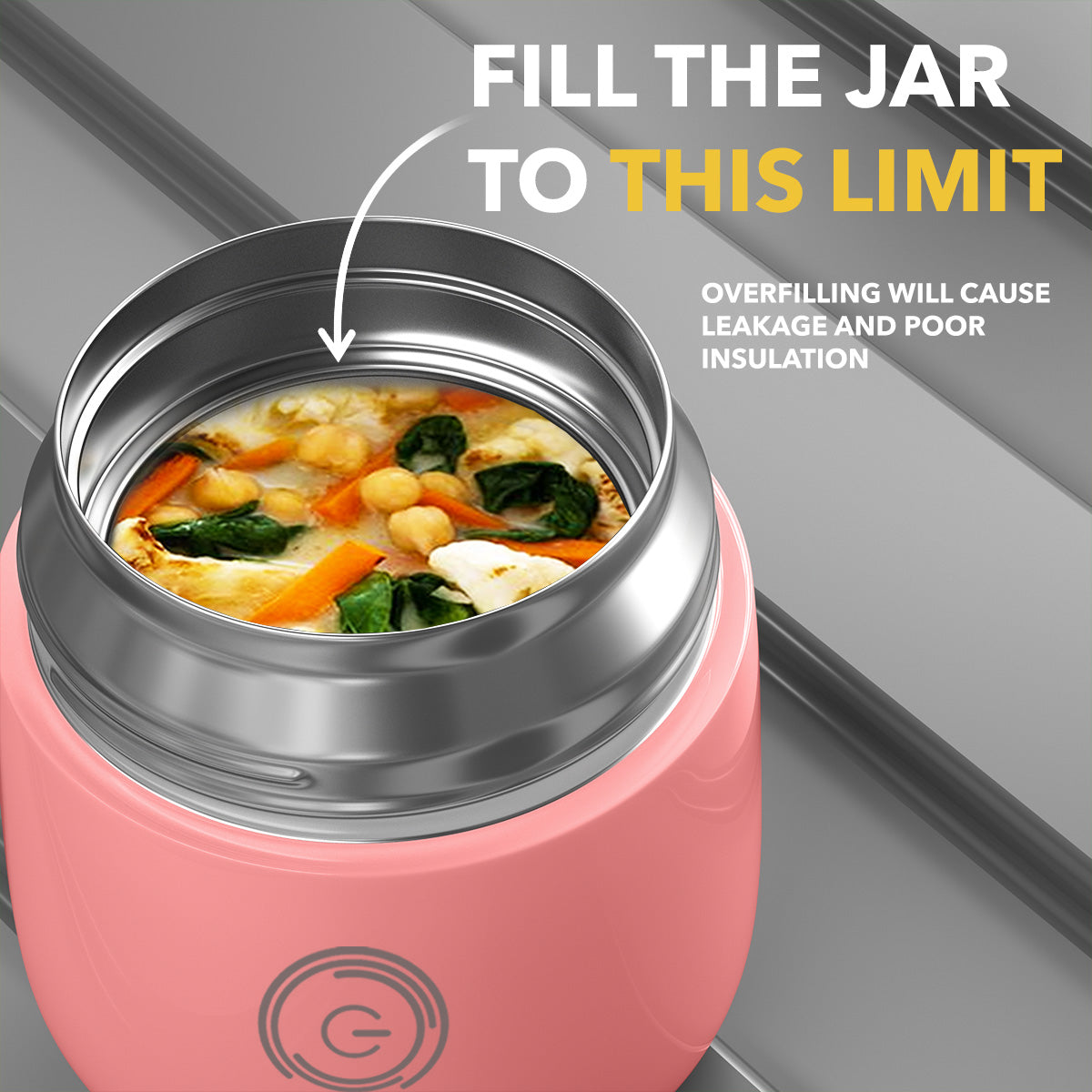 A close-up of an open pink Energify vacuum insulated food jar filled with a vegetable soup. The text &quot;FILL THE JAR TO THIS LIMIT&quot; is displayed above the jar, with an arrow pointing to the fill line. Below, it states &quot;OVERFILLING WILL CAUSE LEAKAGE AND POOR INSULATION.&quot;