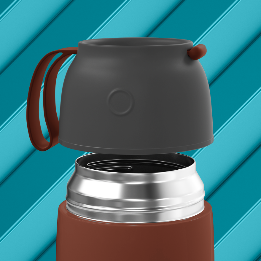 A close-up of an open Energify vacuum insulated food jar. The lid is dark gray with a brown handle, and the bottom part is a Red Mahogany stainless steel container.